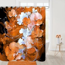 Orange Shower Curtain Teal Blue Yellow Flowers Abstract Decor 72x72 Inch — custom printed polyester bath curtain