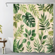Green Plant Botanical Palm Leaf on Beige Shower Curtain Bathroom Accessories Set — custom printed polyester bath curtain