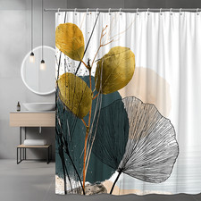 Abstract Botanical Shower Curtain, Neutral Leaf Print Shower Curtain — custom printed polyester bath curtain