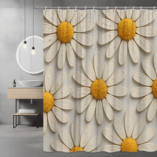Daisy Flower Print Shower Curtain, Cream and Yellow Floral Design — custom printed polyester bath curtain