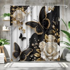 Black Gold Marble Butterfly Shower Curtain Elegant White Floral Bath Curtain ... — custom printed polyester bath curtain