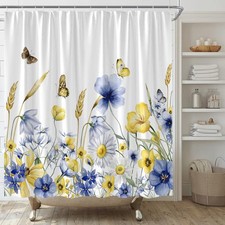 Watercolor Floral Shower Curtain Yellow Blue Flower Butterfly Wildflower — custom printed polyester bath curtain
