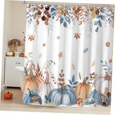 Fall Shower Curtain for Bathroom Autumn Maple Leaf Pumpkin 72x72inch Blue — custom printed polyester bath curtain