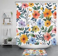 Farmhouse Green Leaf Orange Wildflower Shower Curtain Set for Bathroom Decor — custom printed polyester bath curtain