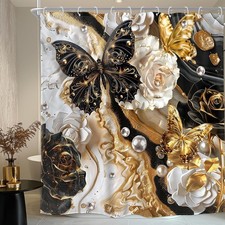 🦋 Black Gold Marble Shower Curtain 72x72, Butterfly Rose Floral Bathroom Luxury — custom printed polyester bath curtain