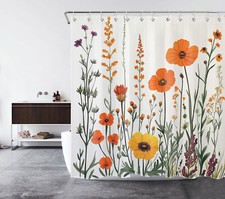 Green Leaf Orange Wildflower Fall Floral Shower Curtain Set for Bathroom Decor — custom printed polyester bath curtain