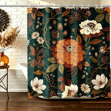 Boho Floral Shower Curtain - Dark Green Bohemian Chic Flowers Botanical Leaves F — custom printed polyester bath curtain