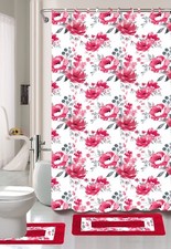 COMPLETE SET SHOWER CURTAIN W/HOOKS + BATHROOM MAT RUG DESIGNS 15PC GR1 — custom printed polyester bath curtain