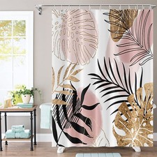 Abstract Boho Shower Curtain Mid Century Palm Leaves Botanical Pink Gold Geom... — custom printed polyester bath curtain