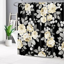 Botanical Grey Leaf Beige Floral Black Shower Curtain Bathroom Accessories Set — custom printed polyester bath curtain