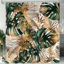 Hawaii Tropical Leaves Shower Curtain, Green Plants Monstera Leaves Gold Botanic — custom printed polyester bath curtain