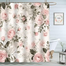 Moslion Pink Rose Flower Green Leaf Shower Curtain 72x72 Inch Bathroom Curtains — custom printed polyester bath curtain
