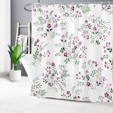 Green Botanical Leaf Pink Wildflower Black Shower Curtain Set for Bathroom Decor — custom printed polyester bath curtain