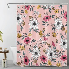 Garden Green Leaves Yellow Floral Pink Shower Curtain Set for Bathroom Decor — custom printed polyester bath curtain