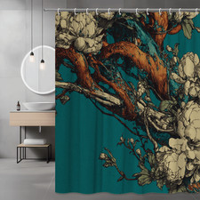 Floral Branch Shower Curtain Teal Orange Cream Botanical Print — custom printed polyester bath curtain