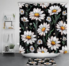 Country Plant Yellow Daisy Floral Black Shower Curtain Bathroom Accessories Set — custom printed polyester bath curtain