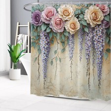 Rustic Vintage Green Leaf Purple Floral Shower Curtain Bathroom Accessories Set — custom printed polyester bath curtain