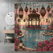 Tropical Sunset Pool Scene Shower Curtain with Lanterns and Flowers — custom printed polyester bath curtain