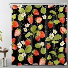 Strawberry Shower Curtain Red Fruit Floral Black Fabric Hooks 72x72 Inch — custom printed polyester bath curtain