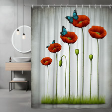 Poppy Flower Butterfly Shower Curtain Botanical Art — custom printed polyester bath curtain