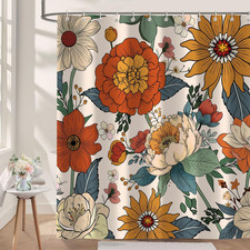 Boho Floral Shower Curtain, Vintage Rustic Farmhouse Botanical Flower Abstract M — custom printed polyester bath curtain