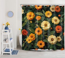 Botanical Green Leaf Yellow Floral Black Shower Curtain Set for Bathroom Decor — custom printed polyester bath curtain