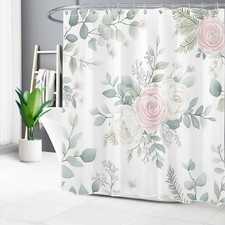 Spring Garden Pink Floral Green Eucalyptus Shower Curtain Set for Bathroom Decor — custom printed polyester bath curtain