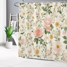 Green Leaf Yellow Daisy Flower Pink Floral Shower Curtain Set for Bathroom Decor — custom printed polyester bath curtain