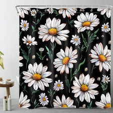 Country Plant Yellow Daisy Floral Black Shower Curtain Bathroom Accessories Set — custom printed polyester bath curtain