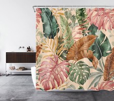 Western Tropical Plant Palm Leaf on Beige Shower Curtain Set for Bathroom Decor — custom printed polyester bath curtain