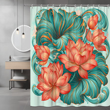Floral Abstract Shower Curtain Teal Coral Lotus Print — custom printed polyester bath curtain
