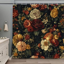 Black Floral Shower Curtain, Boho Vintage Dark Flower Bloosom Rose Plants Bat... — custom printed polyester bath curtain