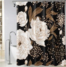 Extra Long Black Gold Floral Shower Curtain 72 x 84 Inch, Black Flowers — custom printed polyester bath curtain
