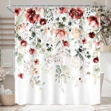 Red Floral Burgundy Rustic Watercolor Plant Bathroom Shower Curtain Set 72x72" — custom printed polyester bath curtain