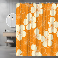 Floral Orange Shower Curtain, Tropical Hibiscus Design, Waterproof Fabric — custom printed polyester bath curtain
