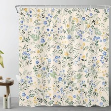 LB Country Wildflower Shower Curtain Decor,Blue and Yellow Floral Green Leaf Pla — custom printed polyester bath curtain
