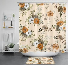 Green Leaf Orange and Beige Wildflower Shower Curtain Bathroom Accessories Set — custom printed polyester bath curtain