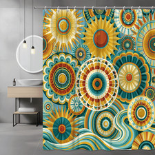 Boho Sunburst Shower Curtain Abstract Floral Design — custom printed polyester bath curtain