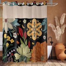 No Hook Shower Curtain and Liner Set, Black Boho Floral Shower Curtains for B... — custom printed polyester bath curtain