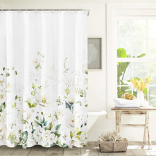Blomming Bright White Cream Floral Shower Curtain, Watercolor Green Leaves Plant — custom printed polyester bath curtain