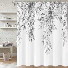 Grey Eucalyptus Black White Floral Aesthetic Shower Curtain Hooks 72x72 Inch — custom printed polyester bath curtain