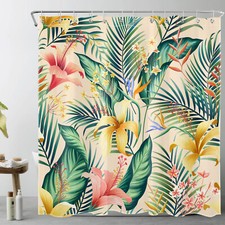 Summer Green Palm Leaf Pink Floral Beige Shower Curtain Bathroom Accessories Set — custom printed polyester bath curtain