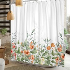 72x72 Inch Watercolor Floral Shower Curtain Green Leaves Waterproof Fabric Hooks — custom printed polyester bath curtain