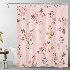 Modern Classic Green Leaf Pink Floral Shower Curtain Bathroom Accessories Set — custom printed polyester bath curtain