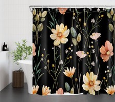 Green Plant Yellow Wildflower on Black Shower Curtain Bathroom Accessories Set — custom printed polyester bath curtain