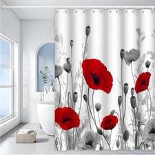 Poppy Shower Curtain Red Floral Vintage Bouquet Pastoral Nature Bathroom Decor — custom printed polyester bath curtain