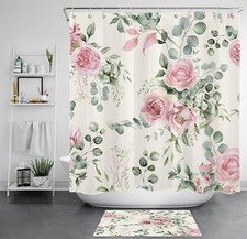 Green Leaf Pink Rose Floral on Beige Shower Curtain Bathroom Accessories Set — custom printed polyester bath curtain