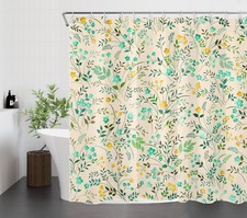 Garden Green Leaf Yellow Wildflower Beige Shower Curtain Set for Bathroom Decor — custom printed polyester bath curtain