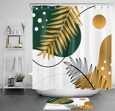 Minimalist Green and Gold Leaf Botanical Shower Curtain Bathroom Accessories Set — custom printed polyester bath curtain