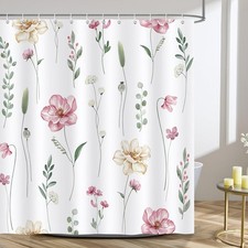 Pink Beige Floral Shower Curtain Watercolor Flower Leaves Minimalist 72x72 — custom printed polyester bath curtain